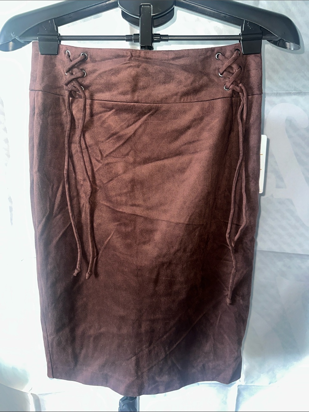 Laundry By Shelli Segal Brown Faux Suede Lace-Up Pencil Skirt